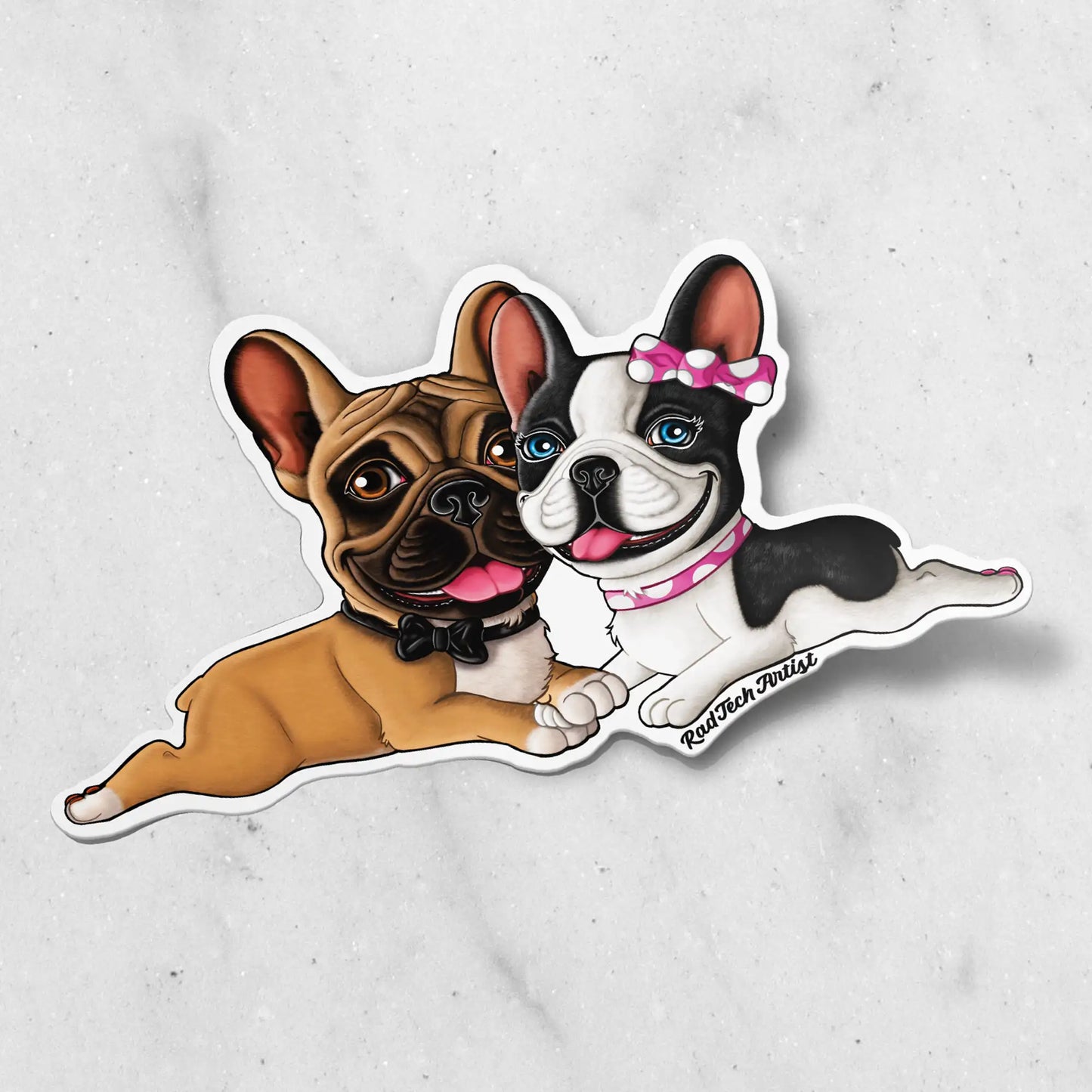 Sticker of two French Bulldogs on a textured white background