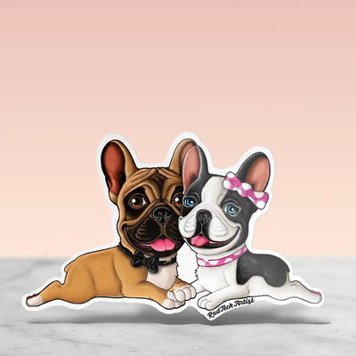 Two French Bulldogs cuddling with bow tie and pink bow, smiling together – Rad Tech Artist dog sticker.