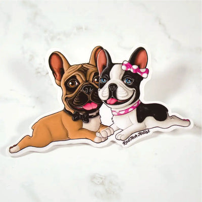 Sticker of a French Bulldog loving couple; a fawn boy and black and white pied girl on a marble surface