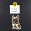 Magnet of fawn French Bulldog with number 1 silver chain with 'Fridge Friends' text and radiation symbol above it on a black background.