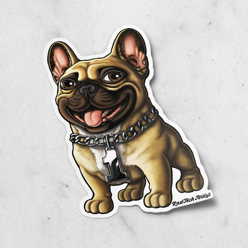 Sticker of a fawn French Bulldog with a chain collar on a light gray background
