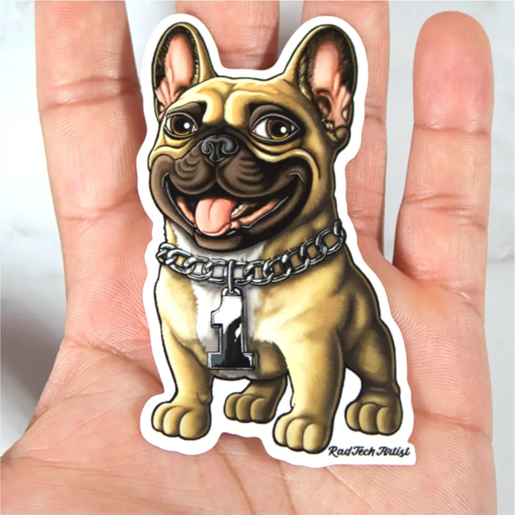 Sticker of a fawn French Bulldog with a chain collar held in a hand against a white background