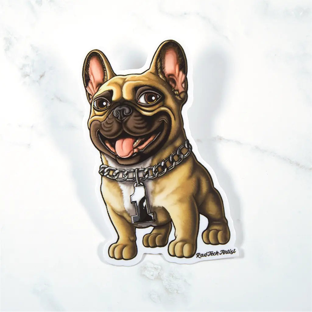 Sticker of a fawn French bulldog with a chain collar on a white marble background