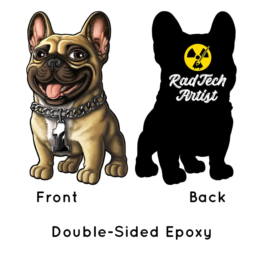 Front-and-back keychain design of a fawn French Bulldog.