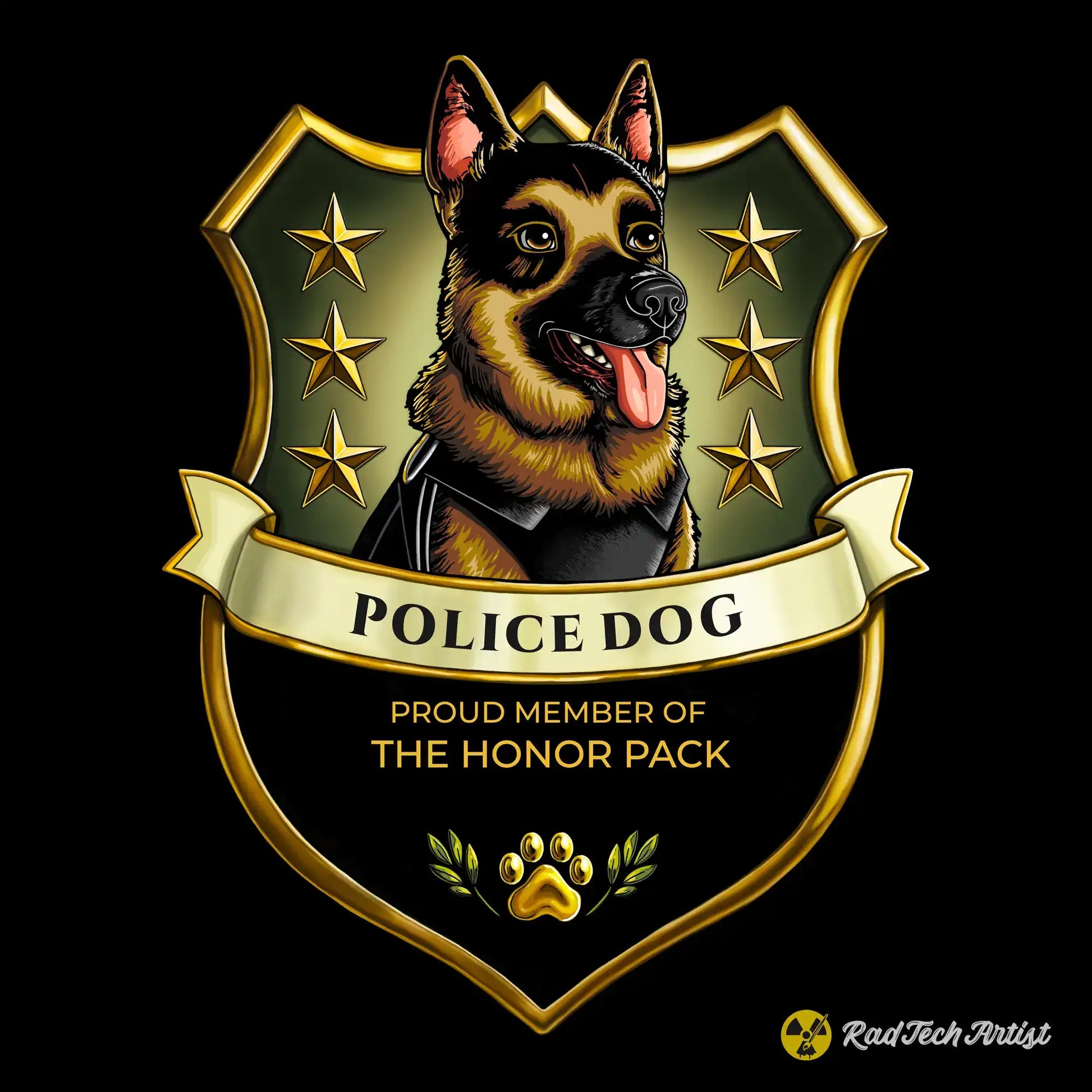 German Shepherd Police dog emblem with text 'Proud Member of the Honor Pack' on a black background