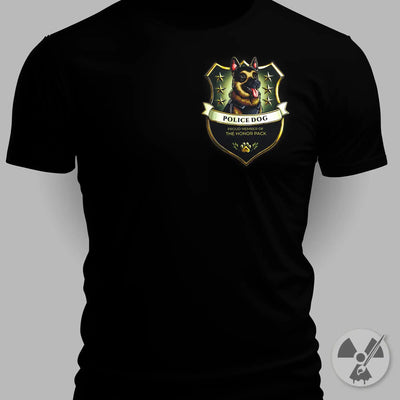 Black t-shirt with a German Shepherd police dog badge graphic and text on a gray background
