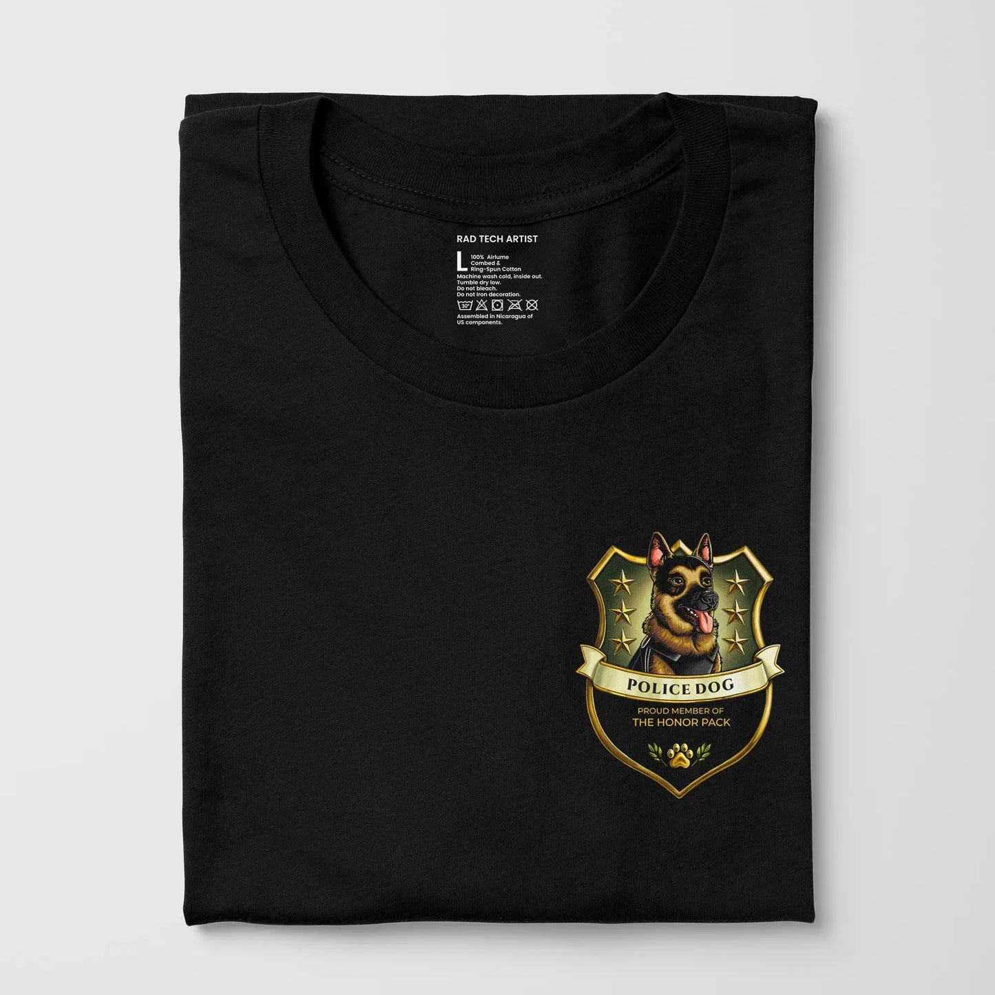 Black t-shirt with a German Shepherd police dog emblem on a light gray background