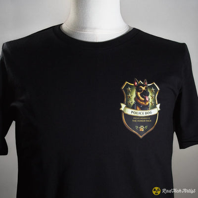 Black t-shirt with a German Shepherd police dog emblem on a mannequin against a gray background