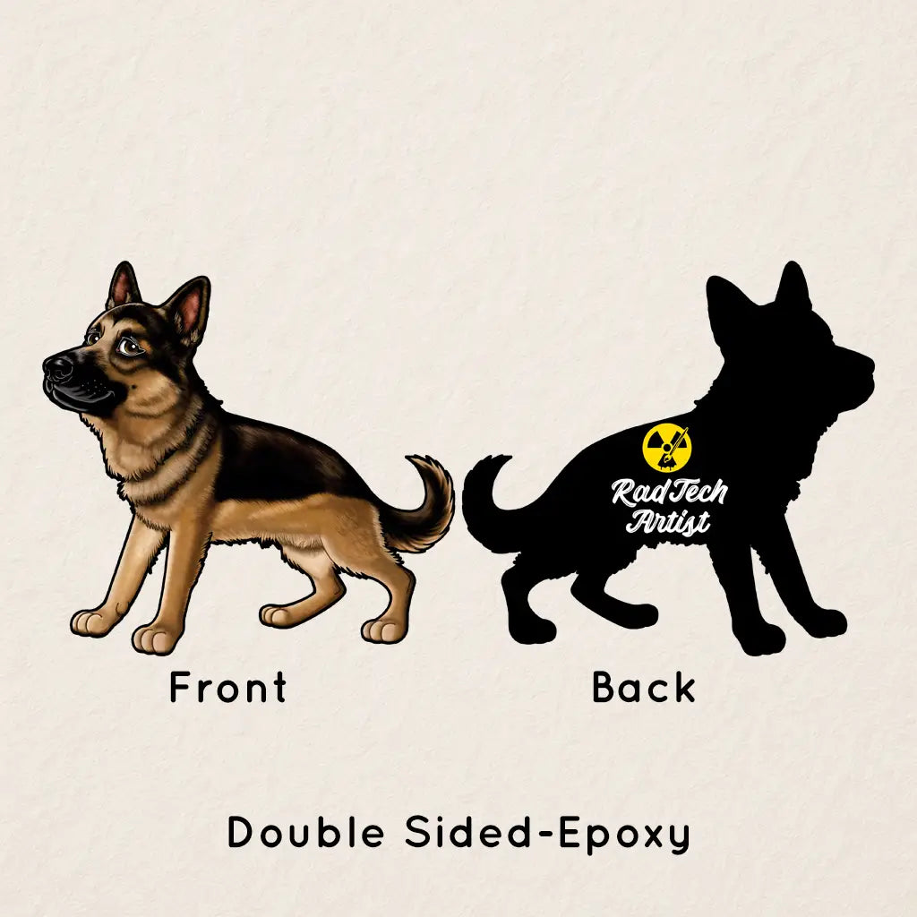 Front and back view of a double-sided epoxy German Shepherd keychain with Rad Tech Artist logo on the back.