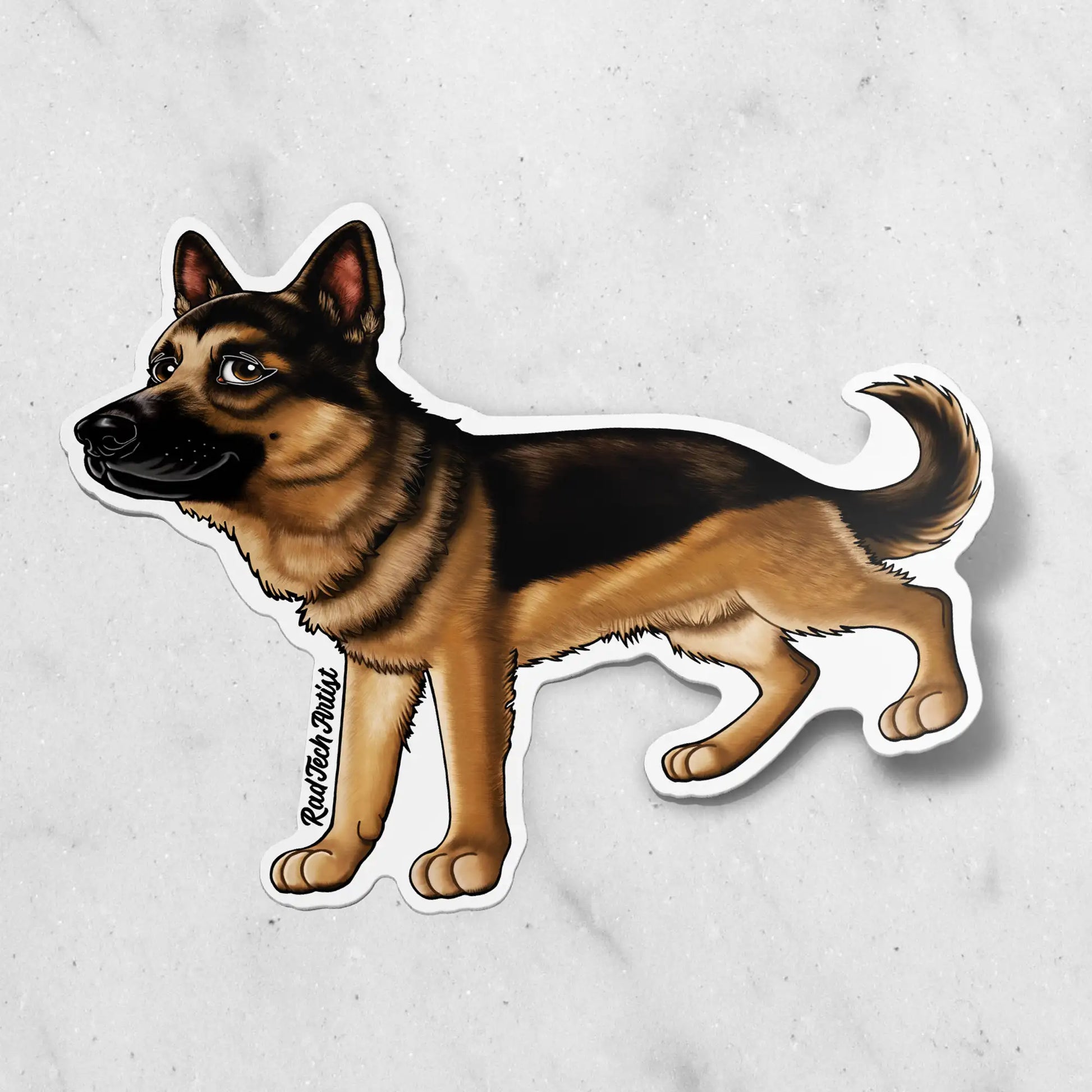 Sticker of a black and tan German Shepherd on a textured white background