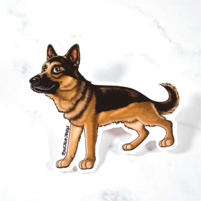 Sticker of a German Shepherd dog on a marble surface