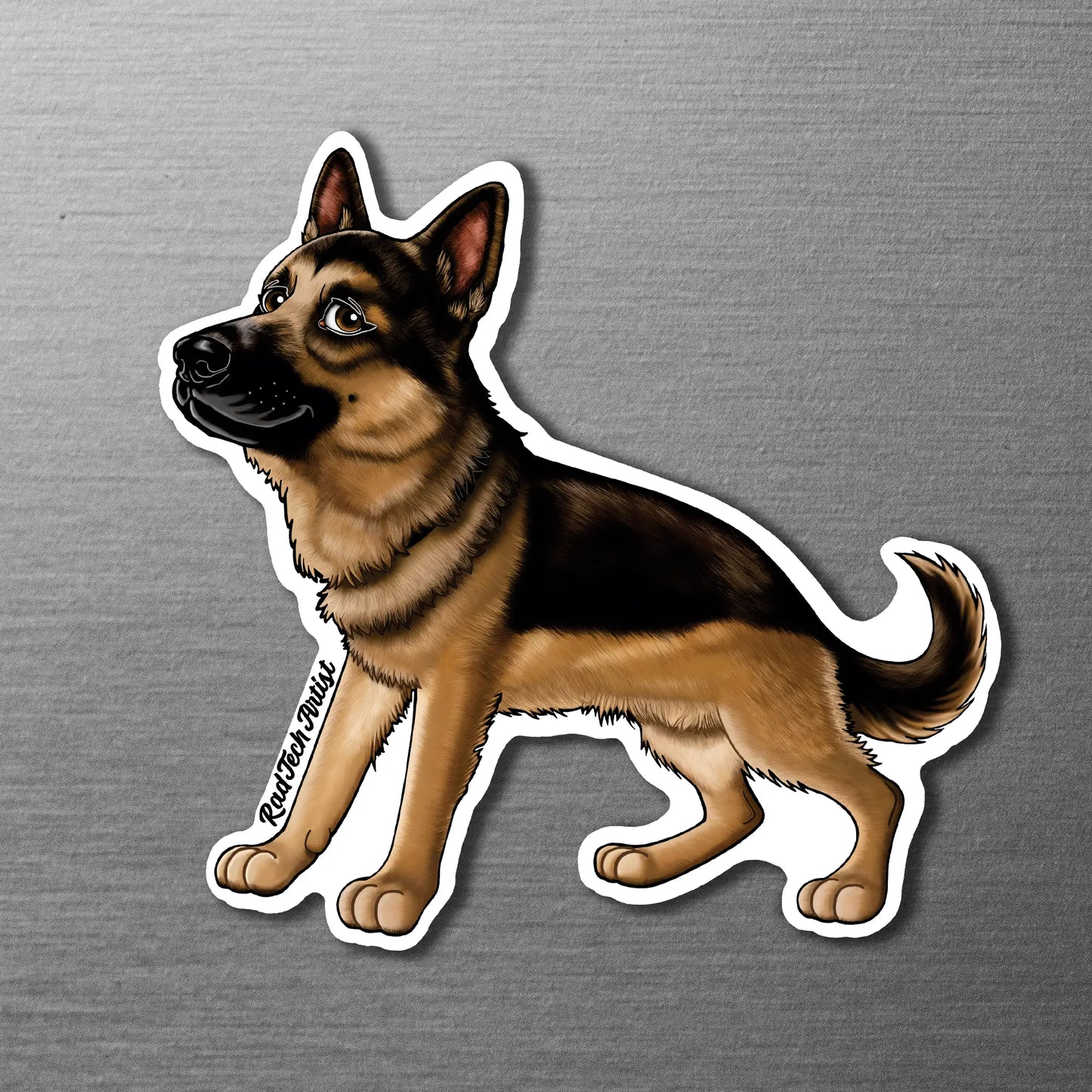 Magnet of a black and tan German Shepherd dog on a metallic surface