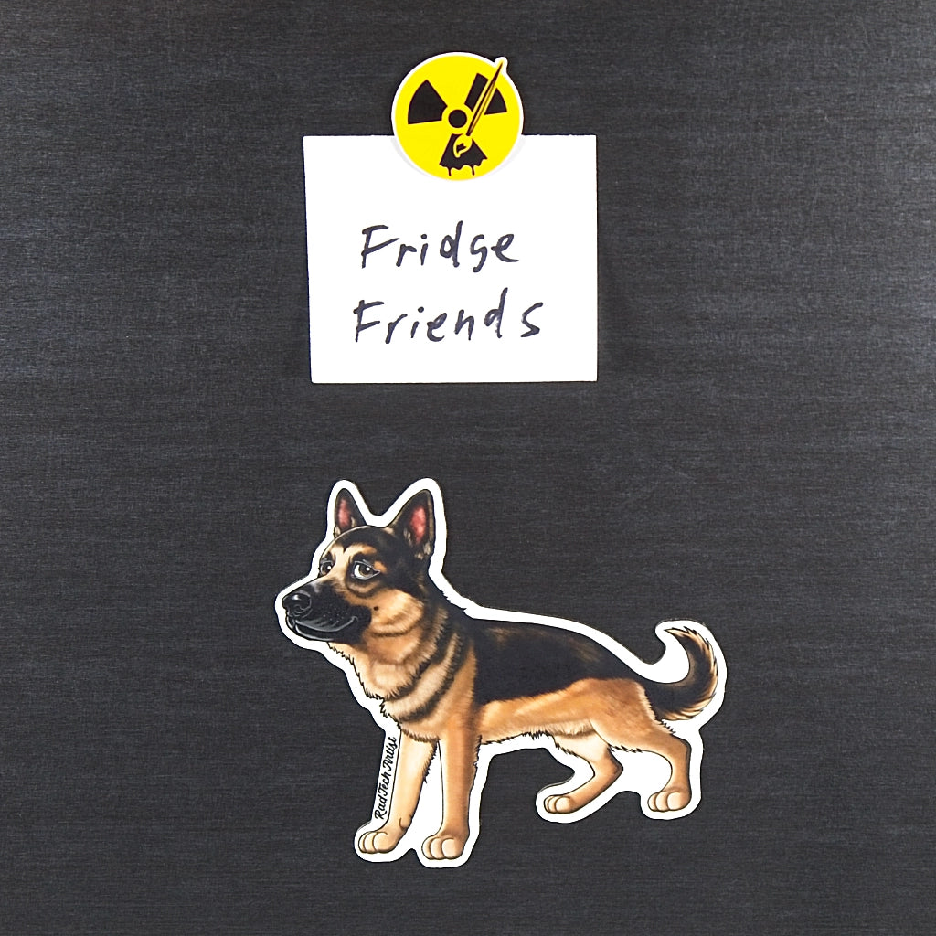 Magnet of a black and tan german Shepherd with 'Fridge Friends' text and radiation symbol above it on a black background.