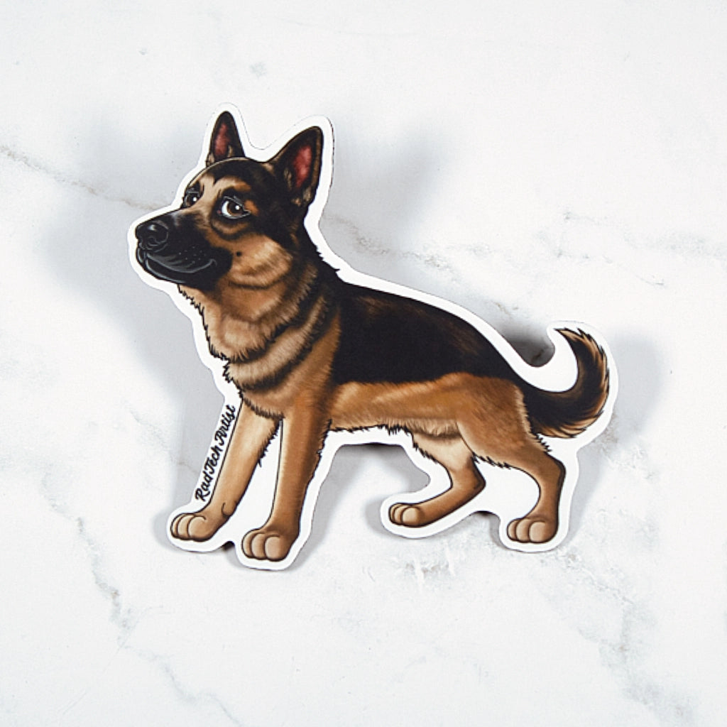 Magnet of a black and tan German Shepherd dog on a white background