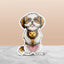 Gold and white Shih Tzu sticker with a happy expression, holding a plush lion toy between its paws.