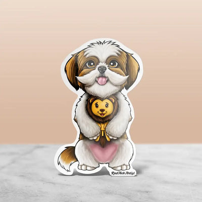 Gold and white Shih Tzu sticker with a happy expression, holding a plush lion toy between its paws.