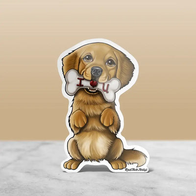 Golden Retriever sticker sitting up with a loving expression, holding a bone that says "I love you."