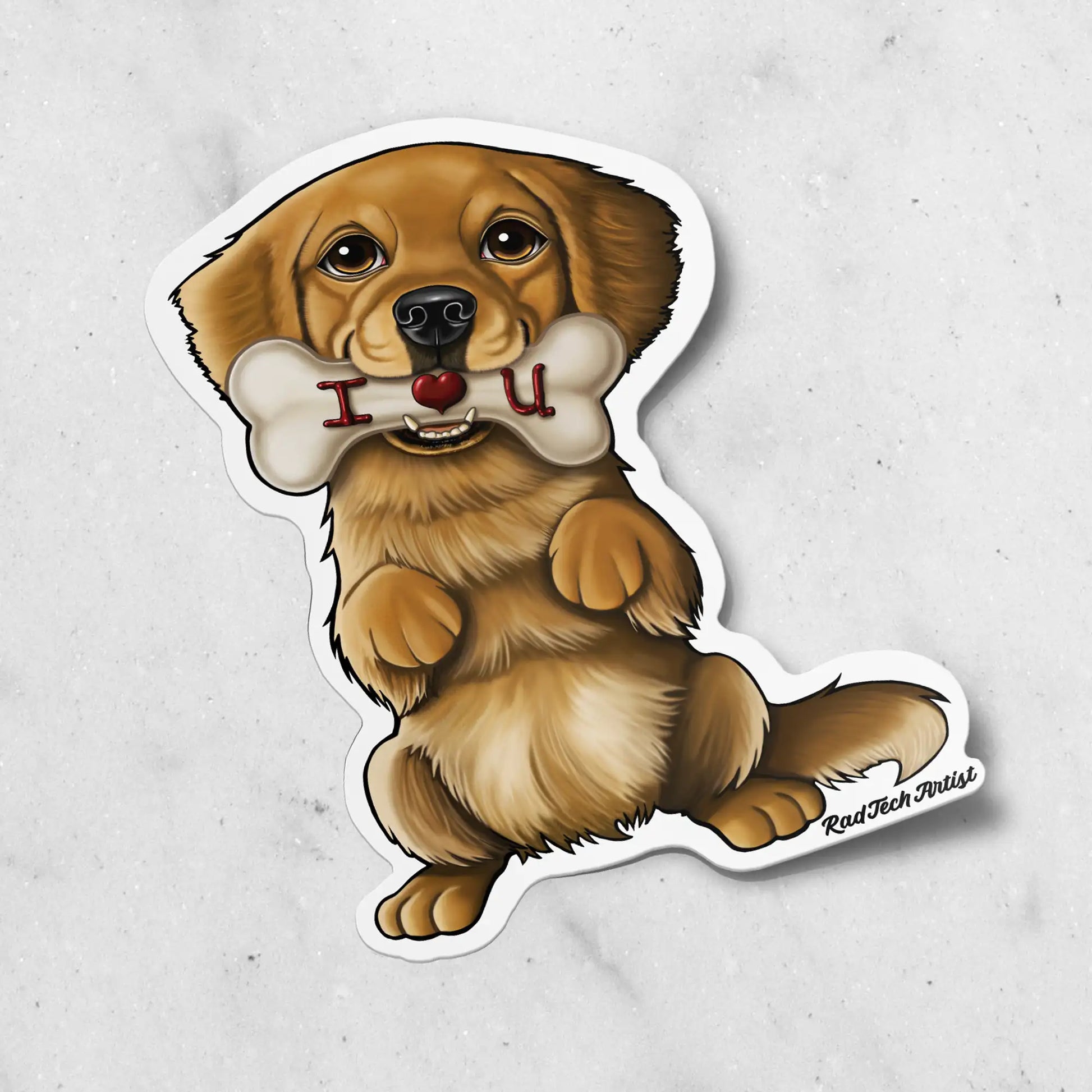 Sticker of a Golden Retriever holding a bone with 'I U' on a textured gray background