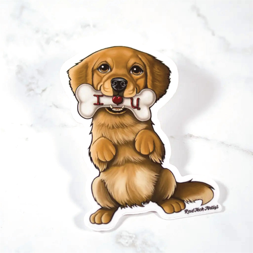 Sticker of a Golden Retriever holding a bone with 'I ❤️ U' text on a marble surface