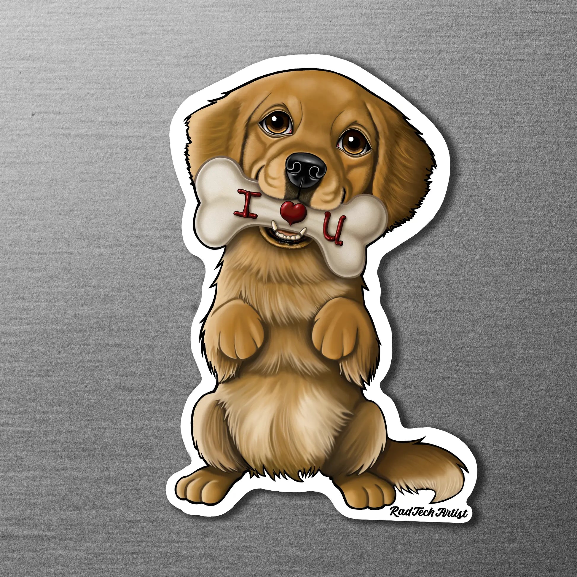 Magnet of a Golden Retriever holding a bone with 'I Love U' on a metallic background