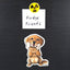 Magnet of a Golden Retriever holding a bone with 'Fridge Friends' text and radiation symbol above it on a black background.