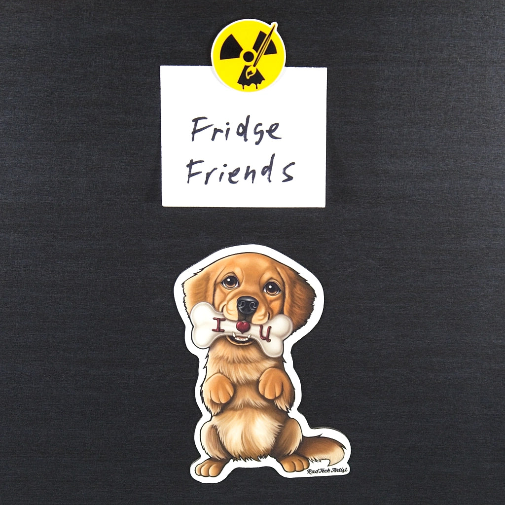 Magnet of a Golden Retriever holding a bone with 'Fridge Friends' text and radiation symbol above it on a black background.
