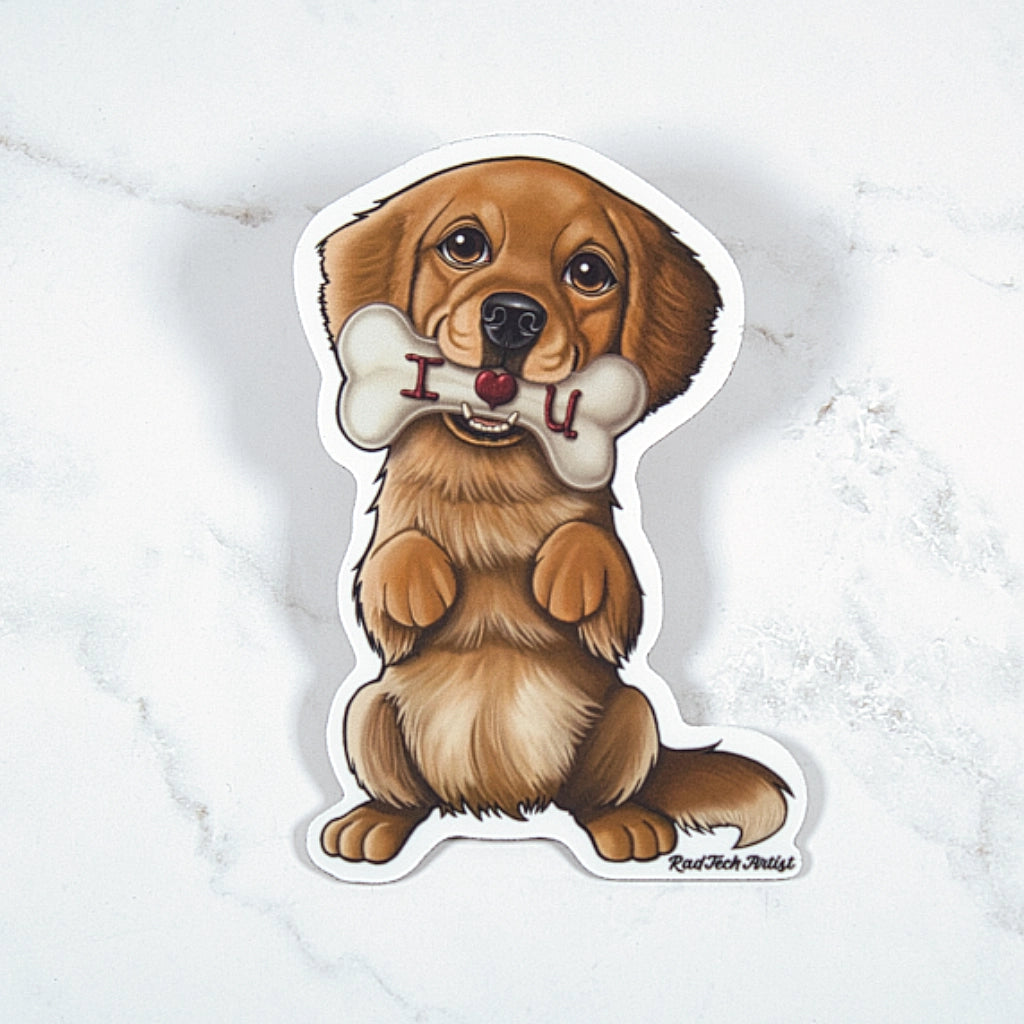 Magnet of a Golden Retriever holding a bone with 'I love you' on a white marble background