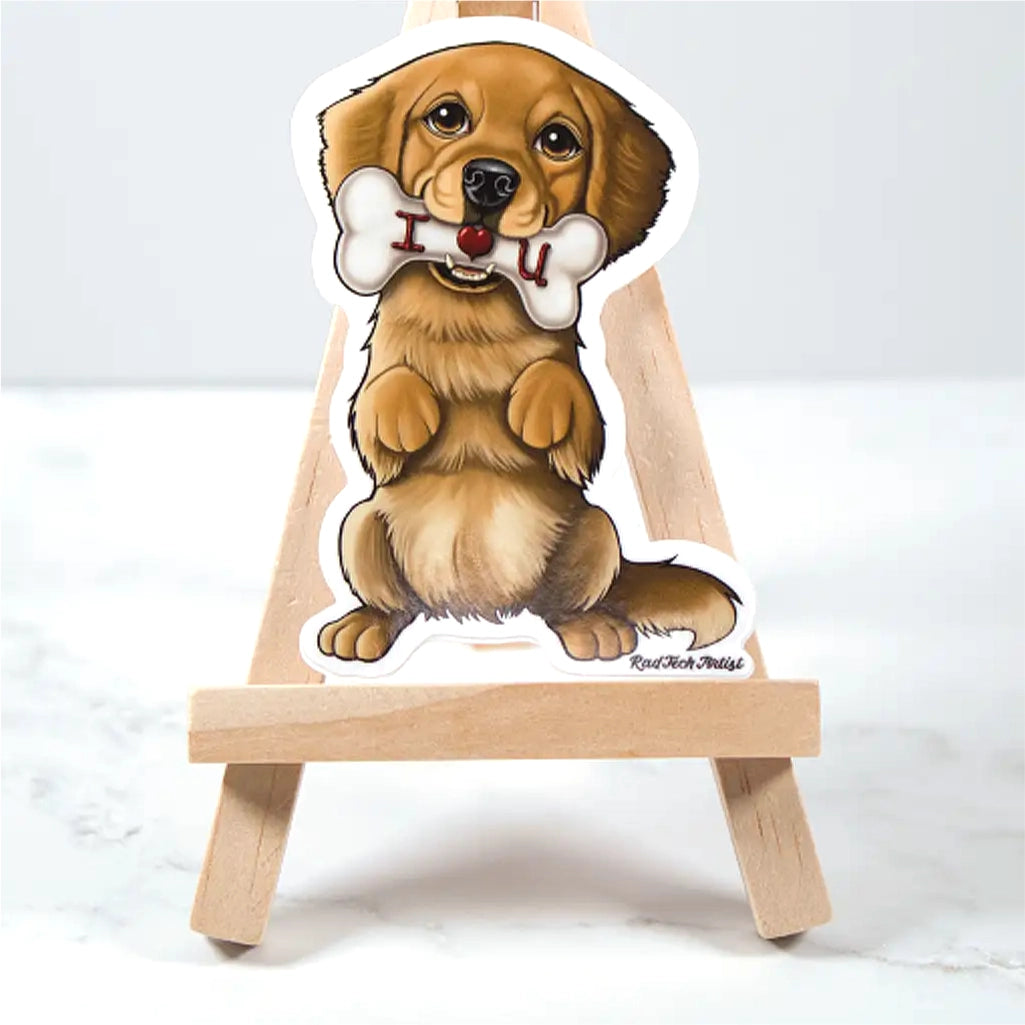 Sticker of a Golden Retriever holding a bone with 'I love you' on a wooden easel against a white background