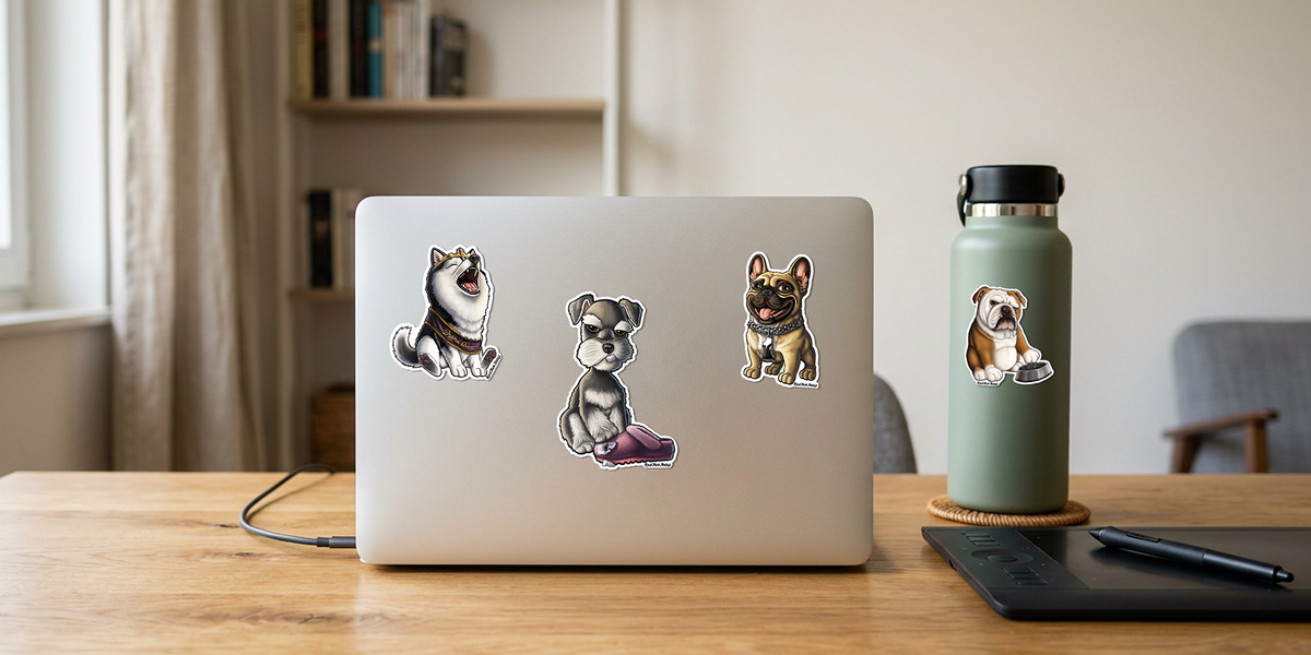 A silver laptop on a wooden desk decorated with three dog stickers, next to a sage green insulated water bottle with a bulldog sticker, in a bright home office setting.
