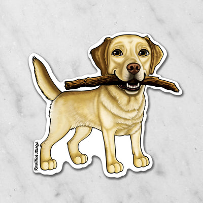 Sticker of a yellow Labrador Retriever with a stick in its mouth on a marble background