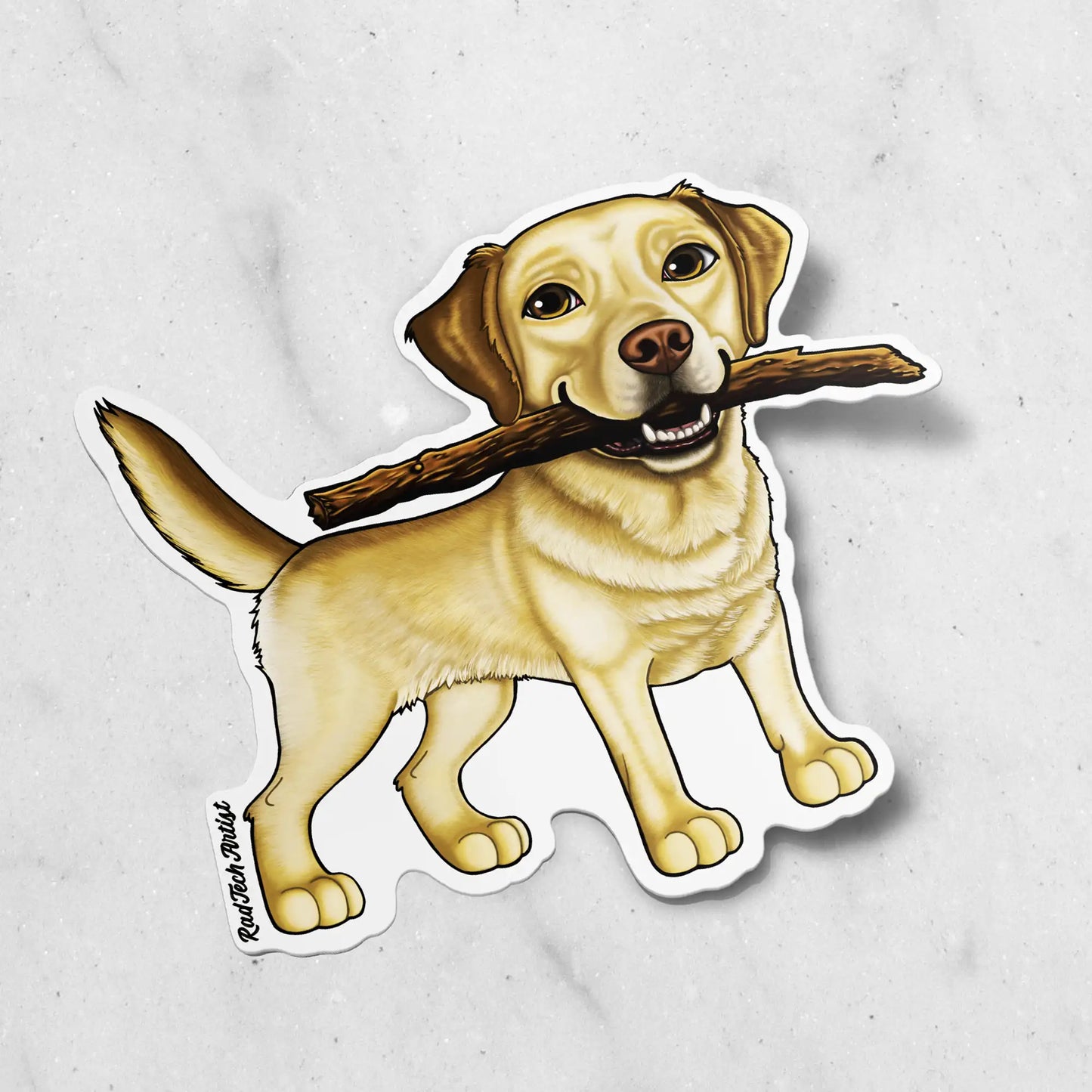 Sticker of a yellow Labrador Retriever holding a stick on a light gray background