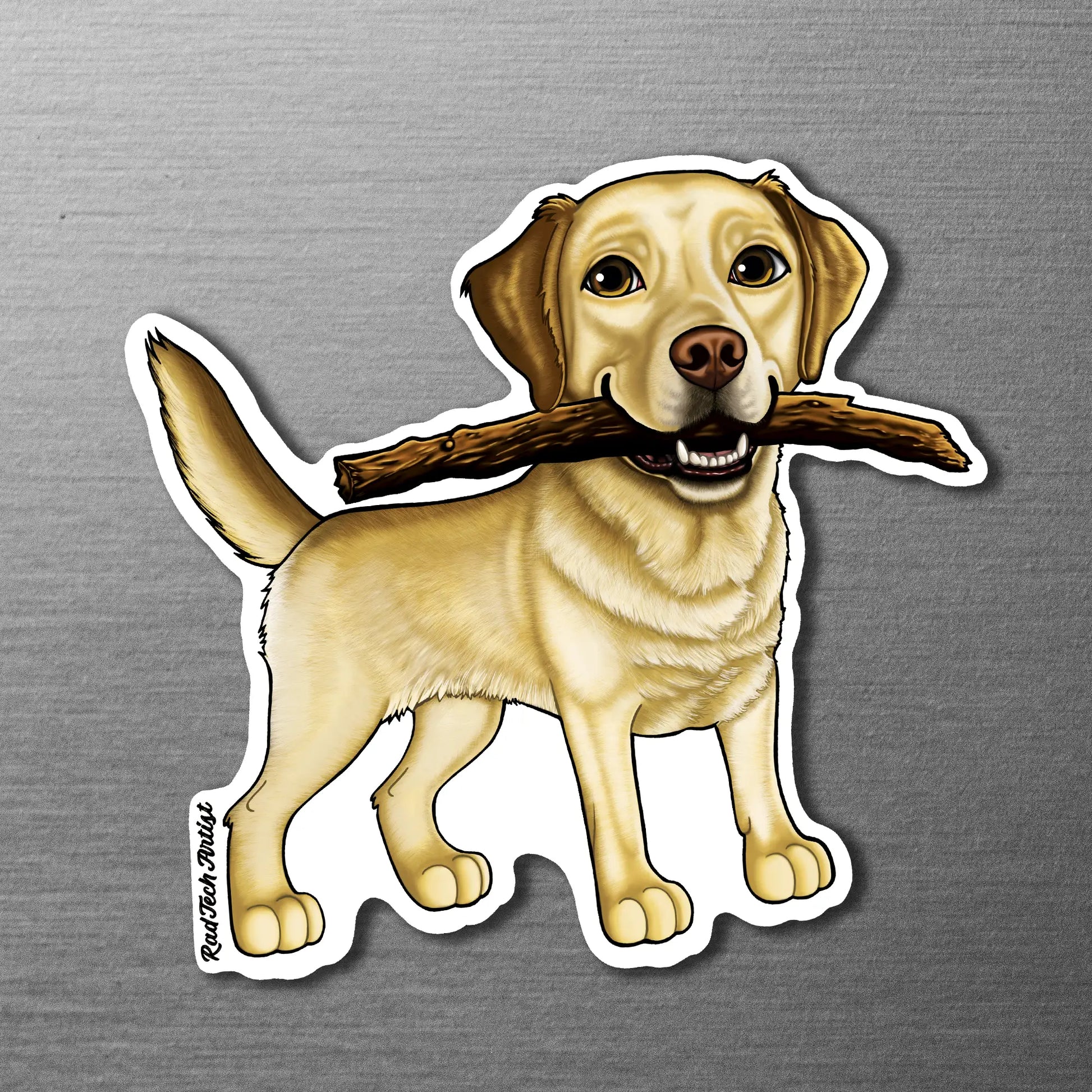 Magnet of a yellow Labrador Retriever with a stick in its mouth on a metallic surface