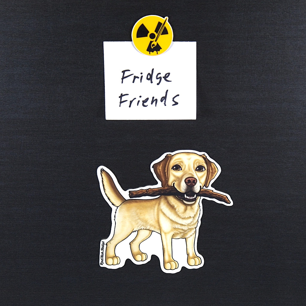 Magnet of a yellow Labrador retriever holding a stick with 'Fridge Friends' text and radiation symbol above it on a black background.