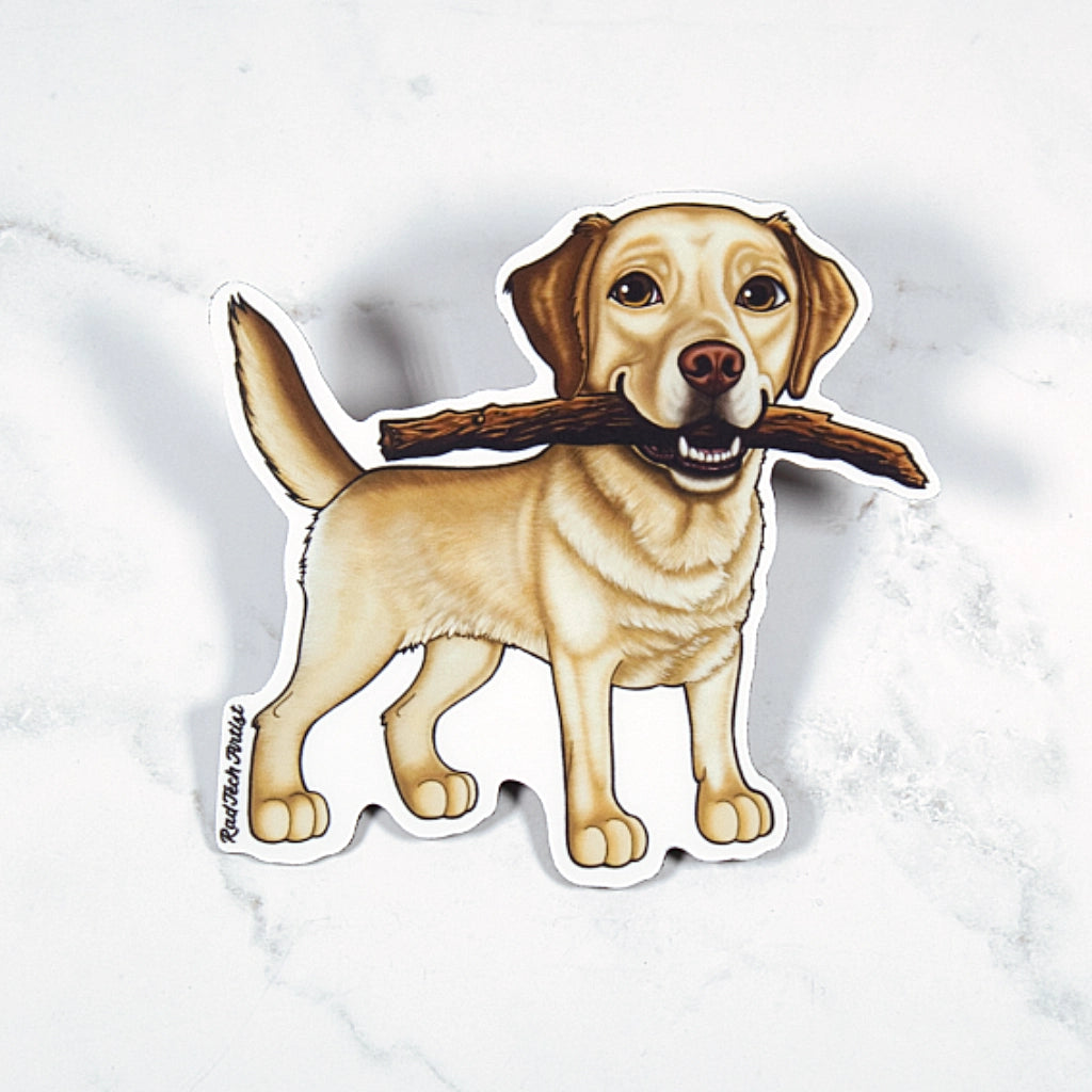 Magnet of a yellow Labrador Retriever with a stick on a white background