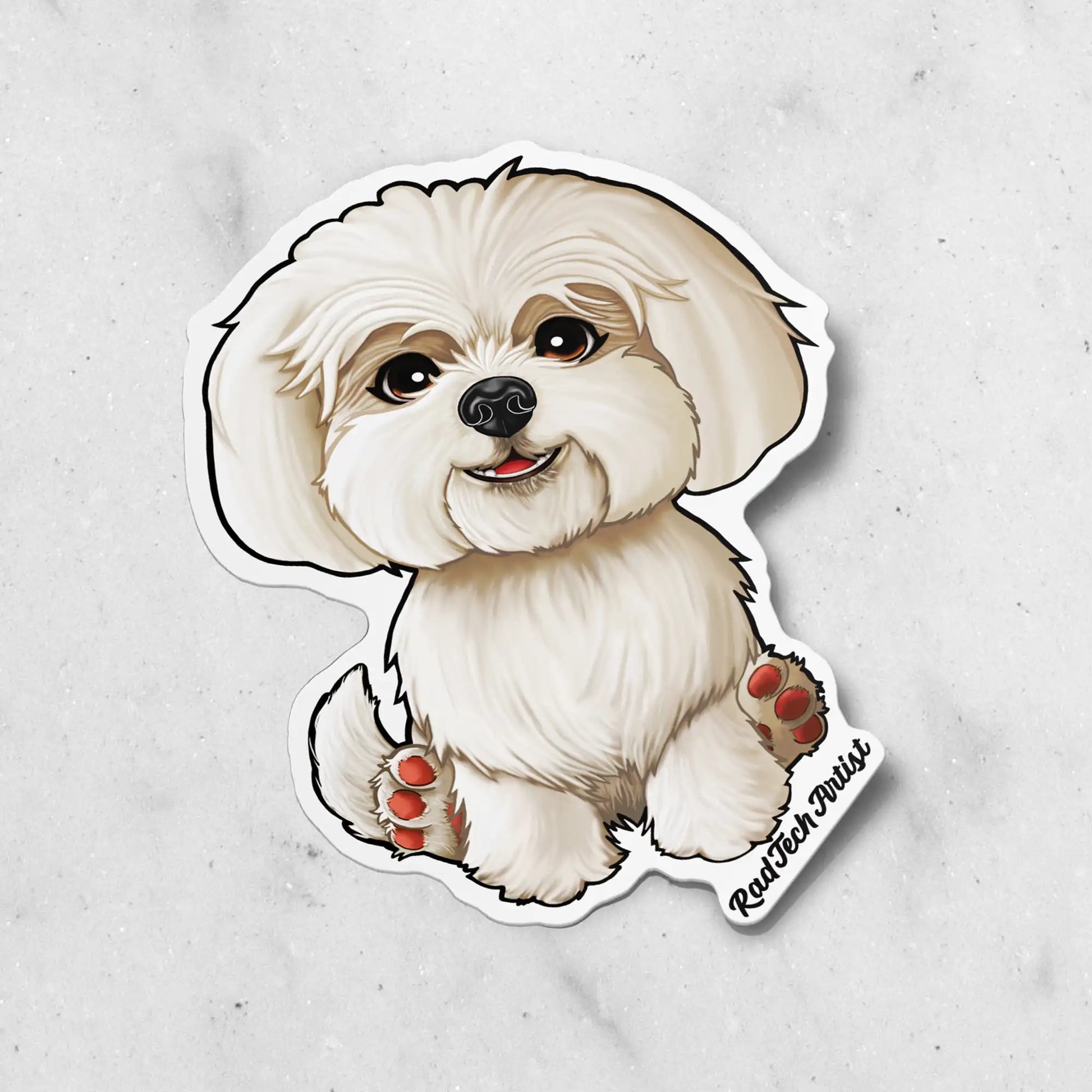Sticker of a Maltese with pink paw pads on a light gray background