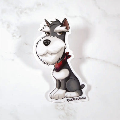 Cartoon of a salt and pepper Miniature Schnauzer sticker with a red bandana on a marble surface