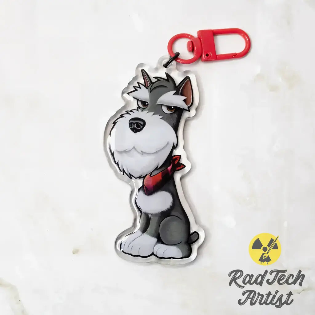 Miniature Schnauzer acrylic keychain with salt and pepper coat, double-sided epoxy finish, illustrated dog design by Rad Tech Artist
