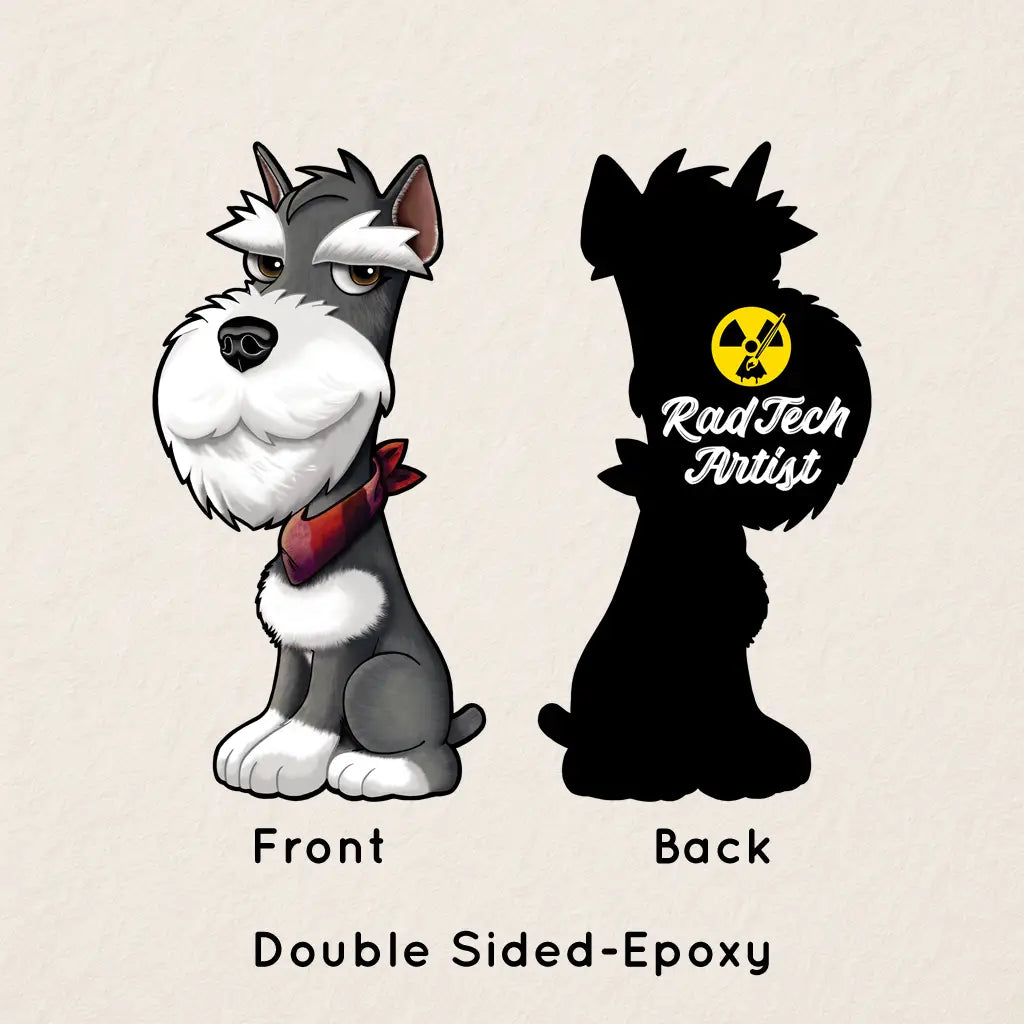 Front and back view of a Miniature Schnauzer acrylic keychain showing illustrated front and silhouette back with Rad Tech Artist logo