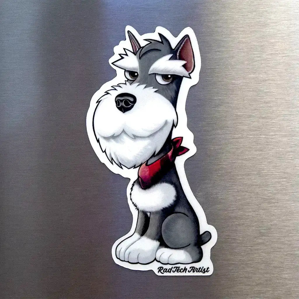 Miniature Schnauzer dog magnet with gray and white coat and red bandana displayed on a stainless steel fridge surface.