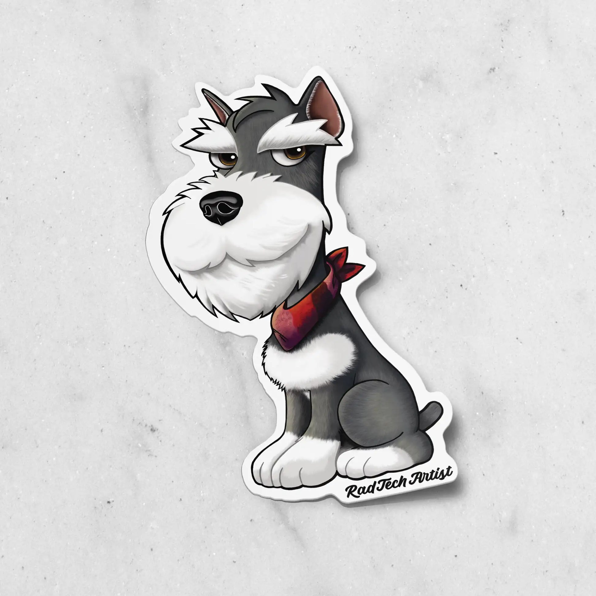Salt and pepper Miniature Schnauzer sticker with a red bandana on a light gray background