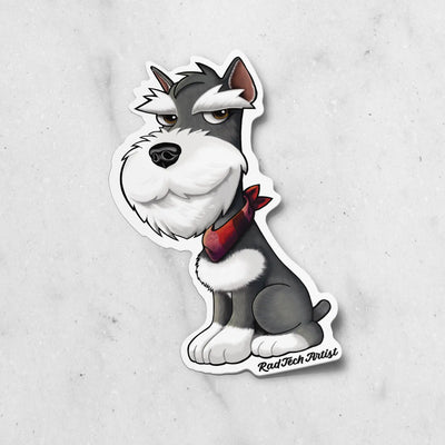 Salt and pepper Miniature Schnauzer sticker with a red bandana on a light gray background