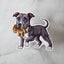 Blue-white  Pit Bull dog magnet holding a teddy bear displayed on a glass stand with marble background.