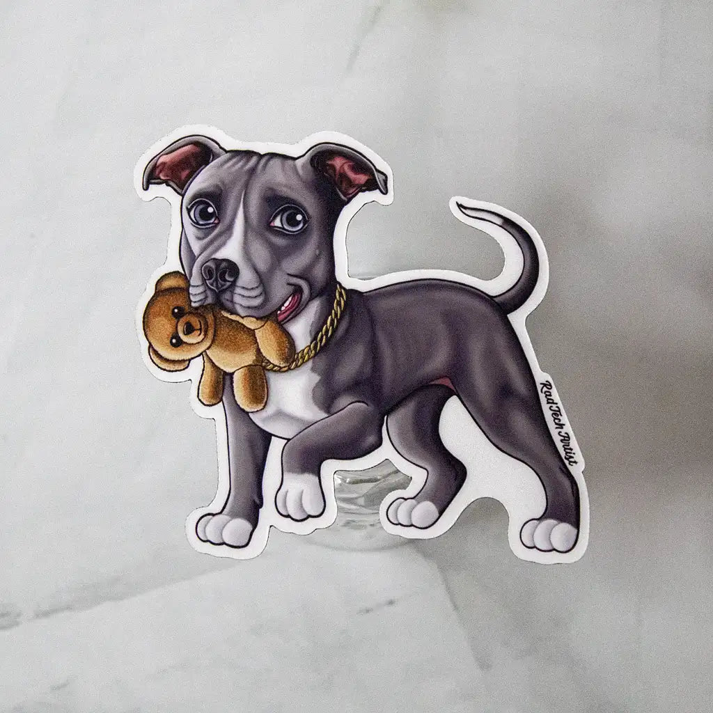Blue-white  Pit Bull dog magnet holding a teddy bear displayed on a glass stand with marble background.