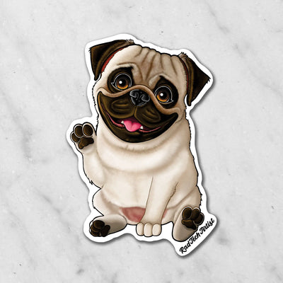 Magnet of a fawn Pug dog with a happy expression on a marble background