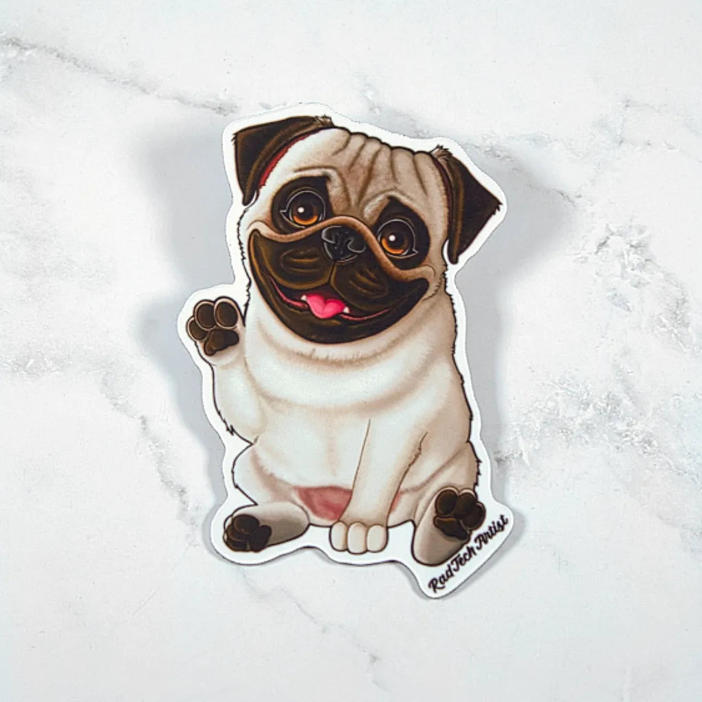 Magnet of a fawn  pug dog on a white marble background