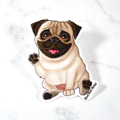 Sticker of a fawn pug on a marble surface
