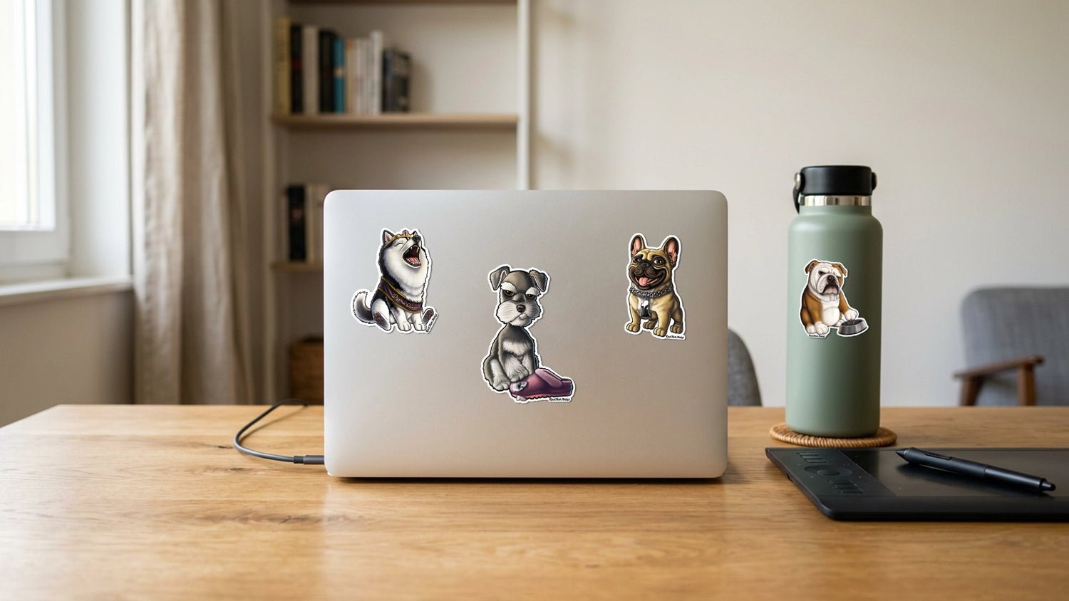 Three dog-shaped stickers applied to a silver laptop, a desk, and a green water bottle in a bright, modern room.