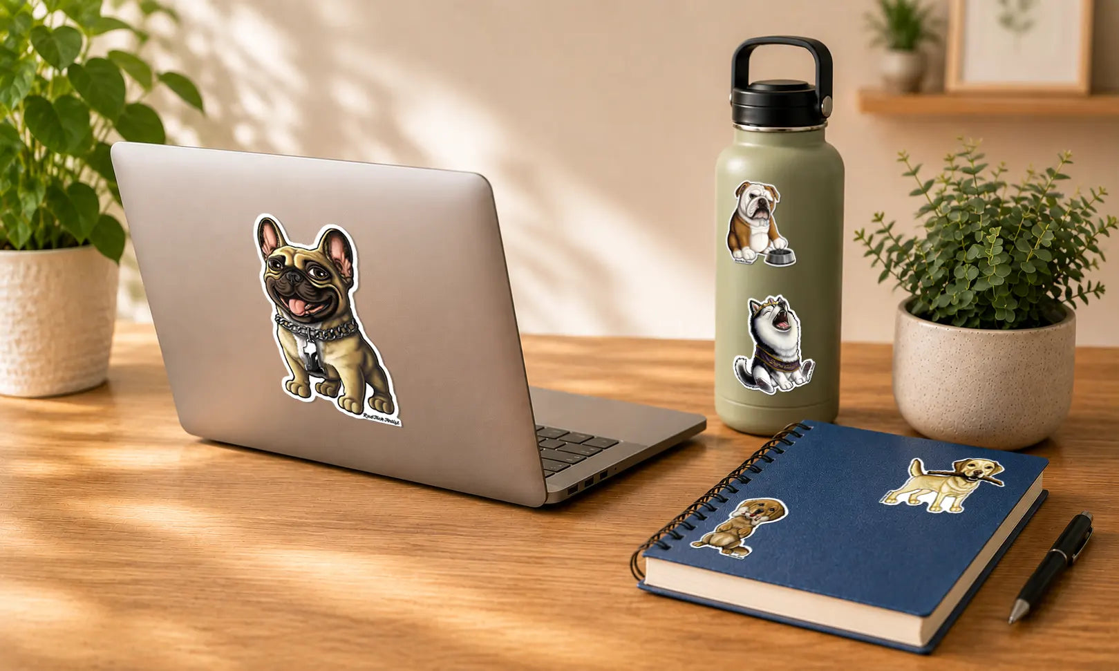 A set of matching dog-themed stickers shown applied to a laptop, a green water bottle, and a blue notebook on a wooden desk with a laptop, notebook, and potted plants.
