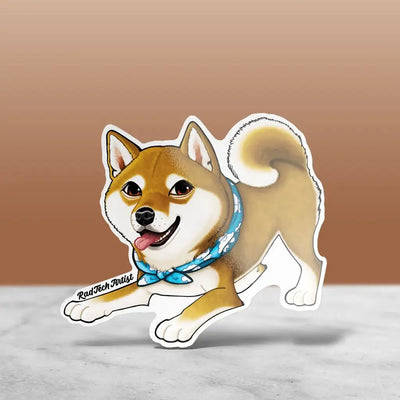 Red Shiba Inu sticker in a friendly play-bow pose, wearing a blue bandana and smiling.