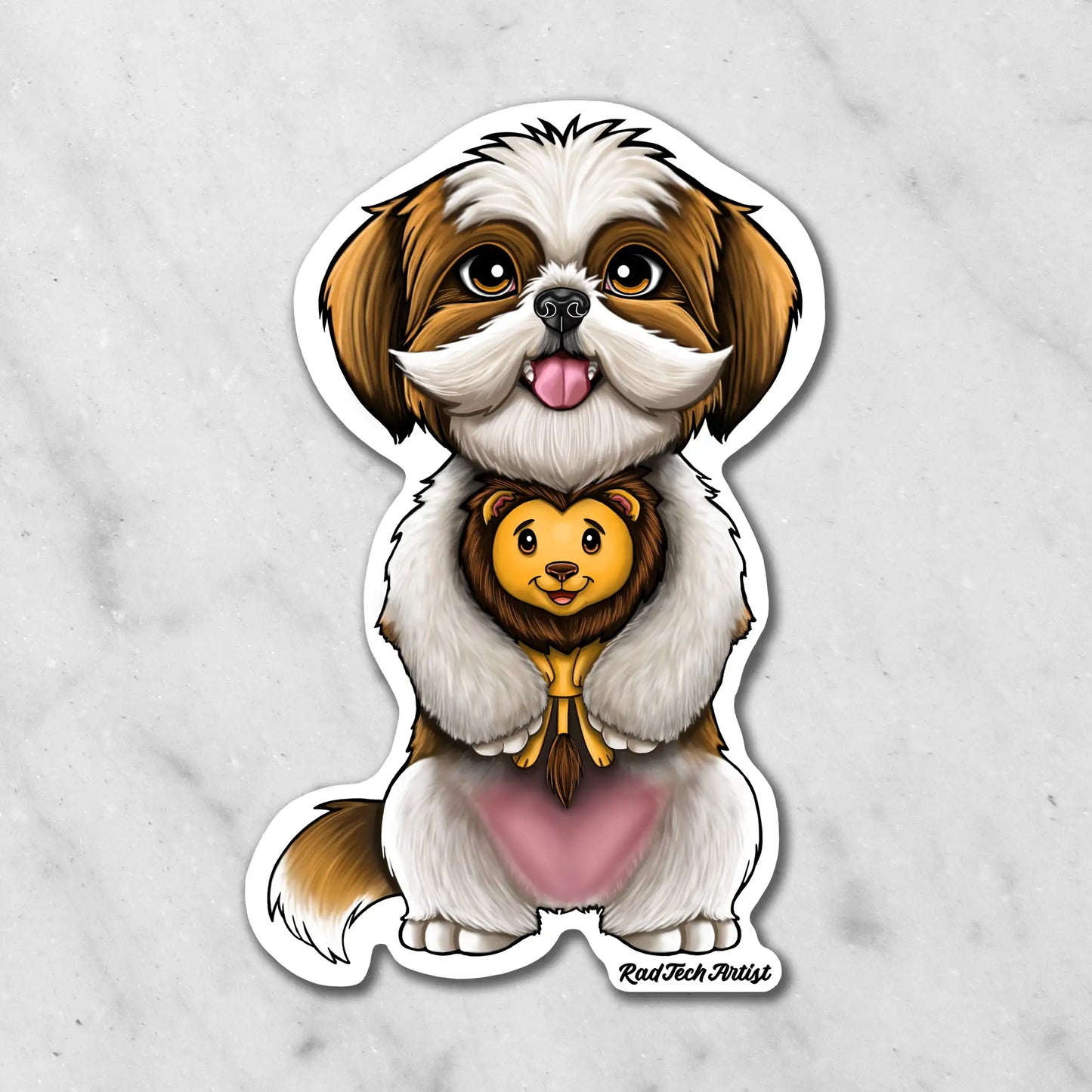 Magnet of a gold and white Shih Tzu holding a toy lion toy on a marble background